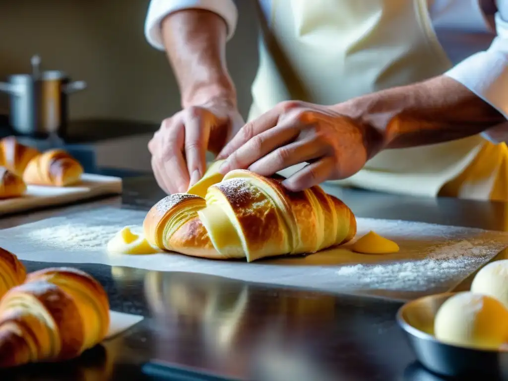 Un maestro repostero francés experto en fermentación, cuidadosamente elaborando croissants escamosos