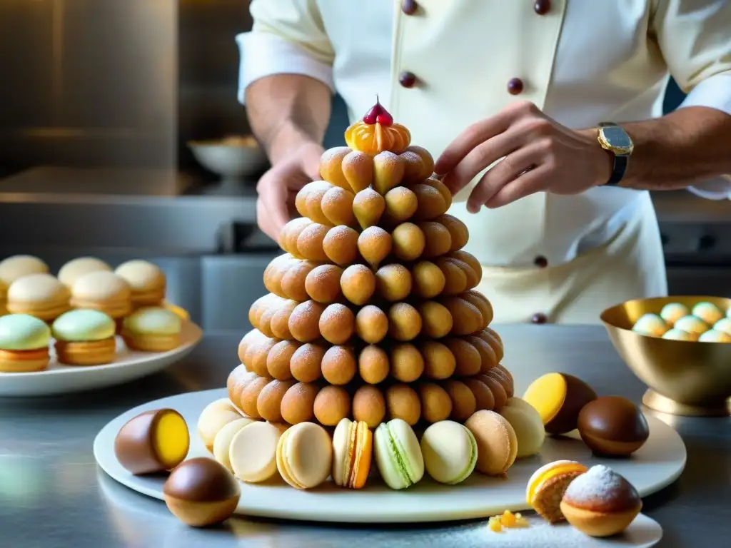 Un maestro repostero francés confeccionando secretos postres franceses con precisión y arte