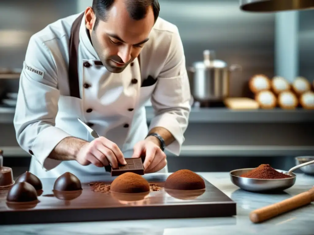 Maestro repostero francés dominando técnicas avanzadas de chocolate con precisión y destreza en su cocina