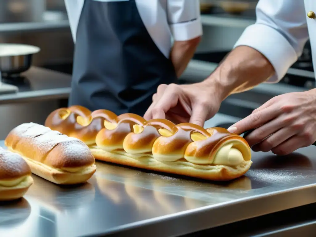 Maestro repostero meticuloso usando la mejor batidora repostería francesa para crear delicados éclairs