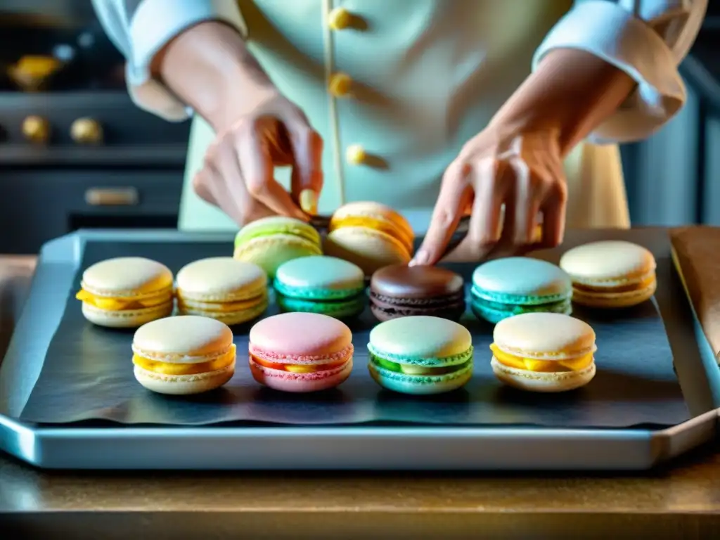 Un maestro repostero creando variedades de macarons franceses únicas con precisión y arte