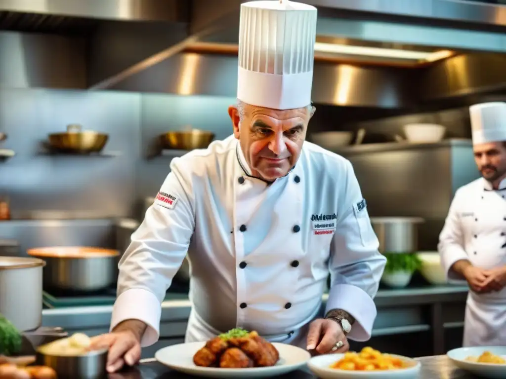 El maestro Paul Bocuse en su restaurante en Lyon, rodeado de su equipo y platos franceses, refleja la esencia de la gastronomía francesa tradicional e innovadora