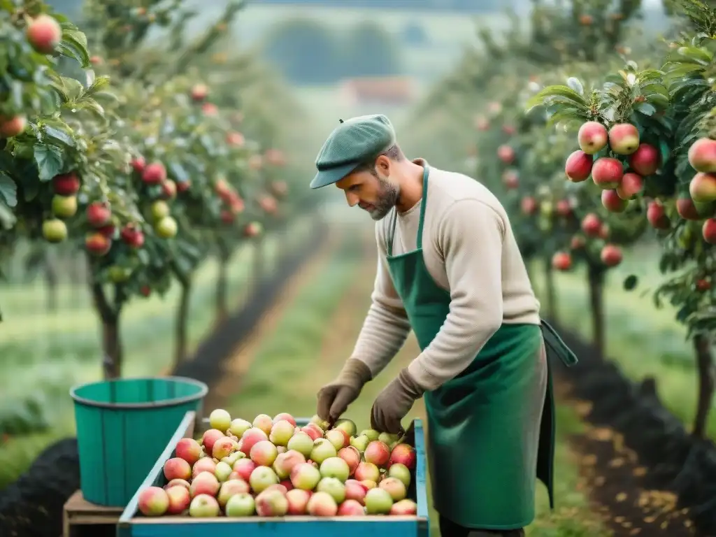 Un maestro de la sidra en Normandía selecciona con cuidado manzanas maduras en un huerto al amanecer, creando una escena auténtica y serena de la gastronomía de la sidra natural en Normandía