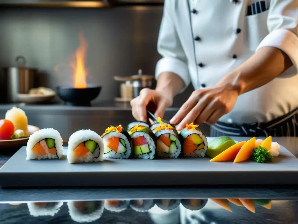 Un maestro sushi japonés con atuendo tradicional elaborando un rollo de sushi de fusión culinaria franco-japonesa en París