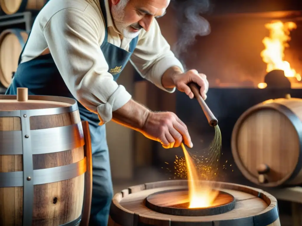 Un maestro tonelero experto en la crianza de vinos blancos en barricas de roble, demostrando su destreza y pasión por la artesanía