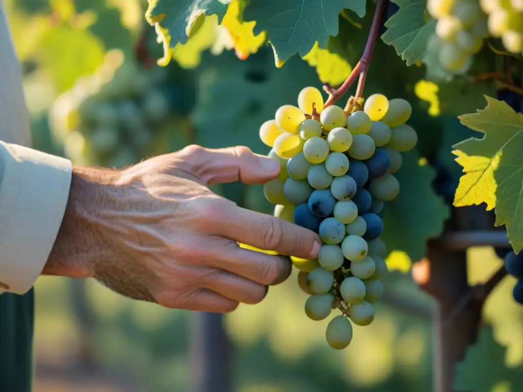 Un maestro vinícola francés inspecciona uvas Chardonnay bajo el sol en Borgoña