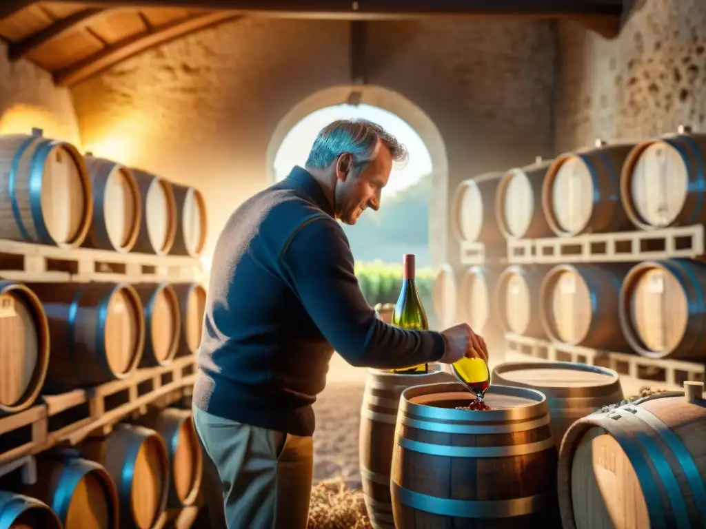 Un maestro vinicultor inspecciona barricas de vino francés envejecido, transmitiendo tradición y expertise en el proceso artístico