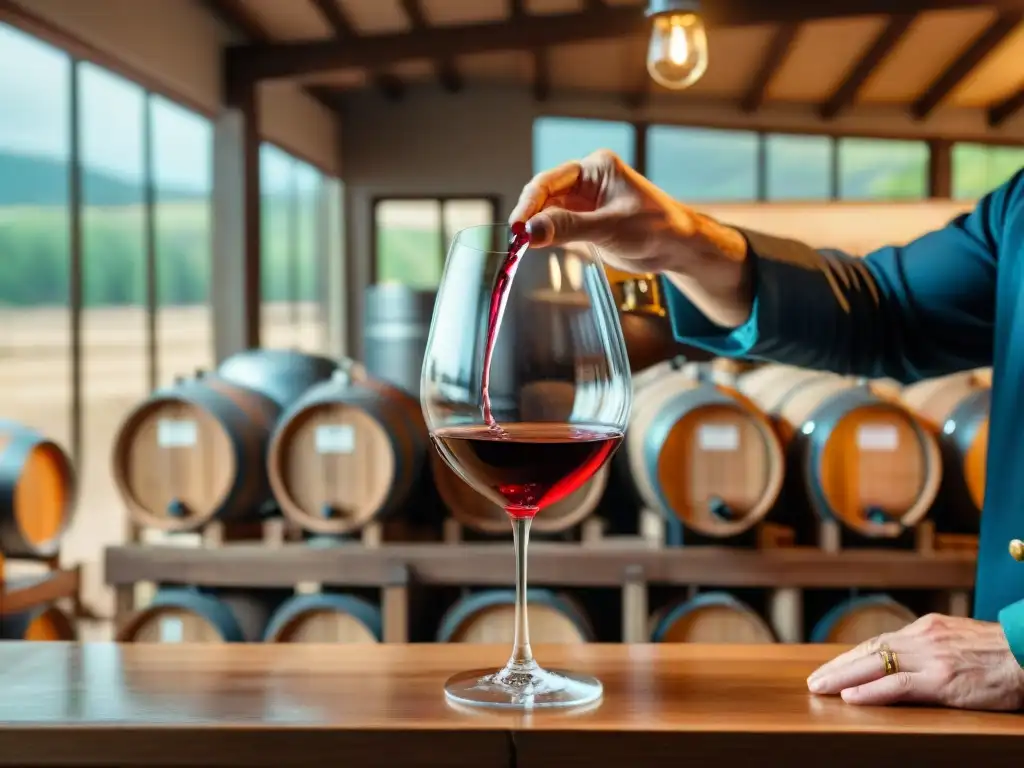 Un maestro vinícola francés vierte vino natural en una copa cristalina, entre barricas de roble