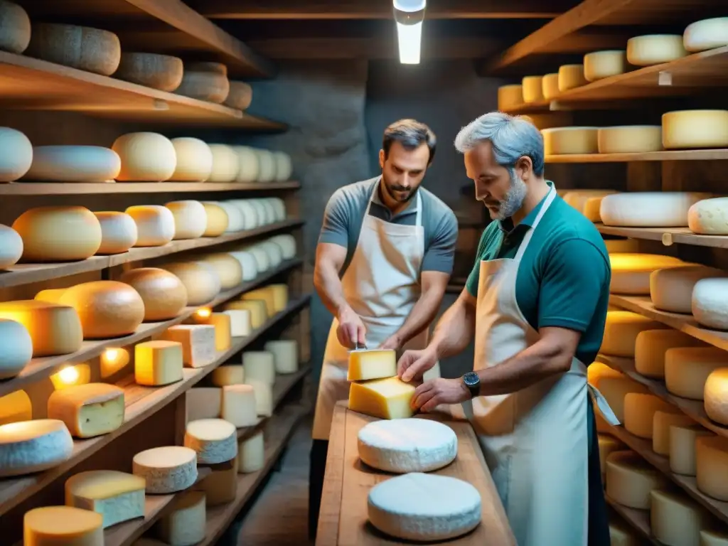 Maestros queseros franceses innovadores elaborando quesos artesanales en bodega tradicional