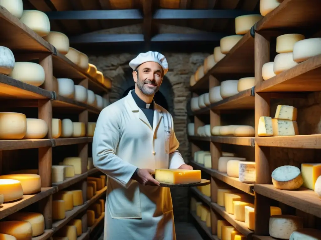 Maestros queseros franceses innovadores cuidan ruedas de queso en bodega tradicional