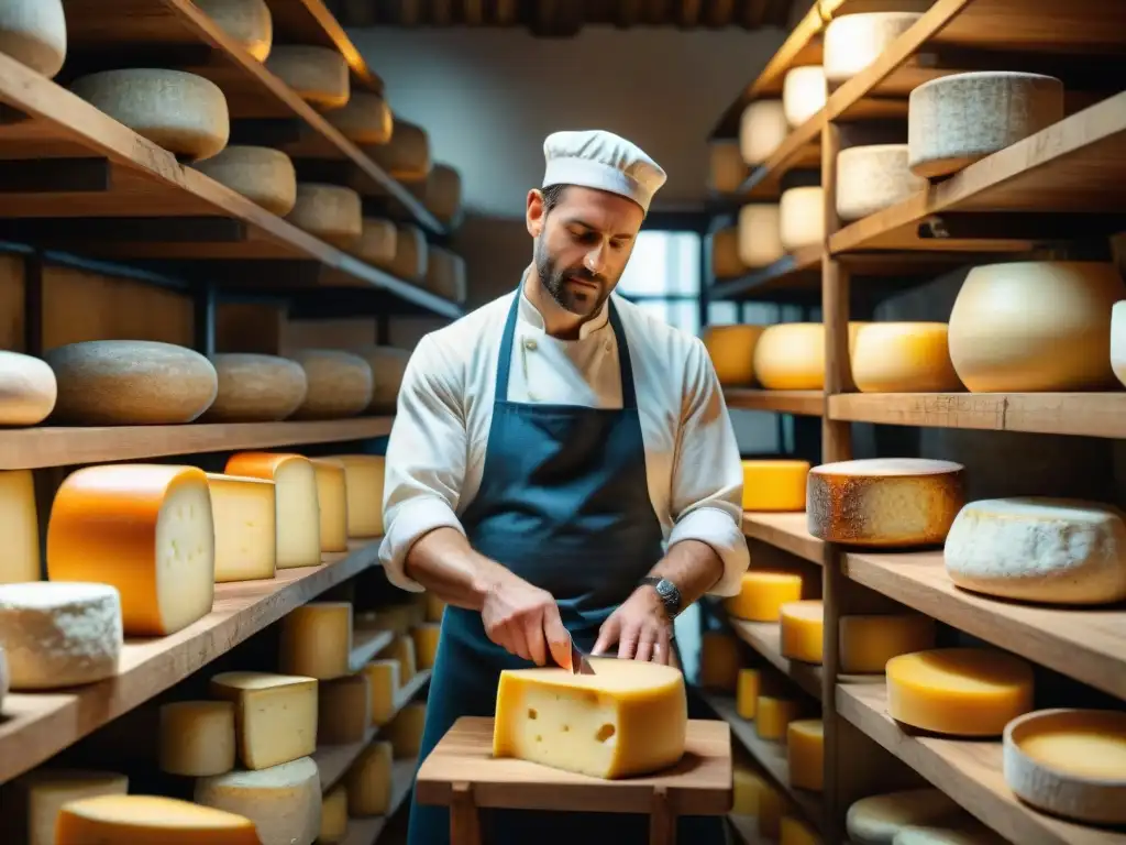 Maestros queseros franceses innovadores inspeccionando ruedas de queso en bodega artesanal