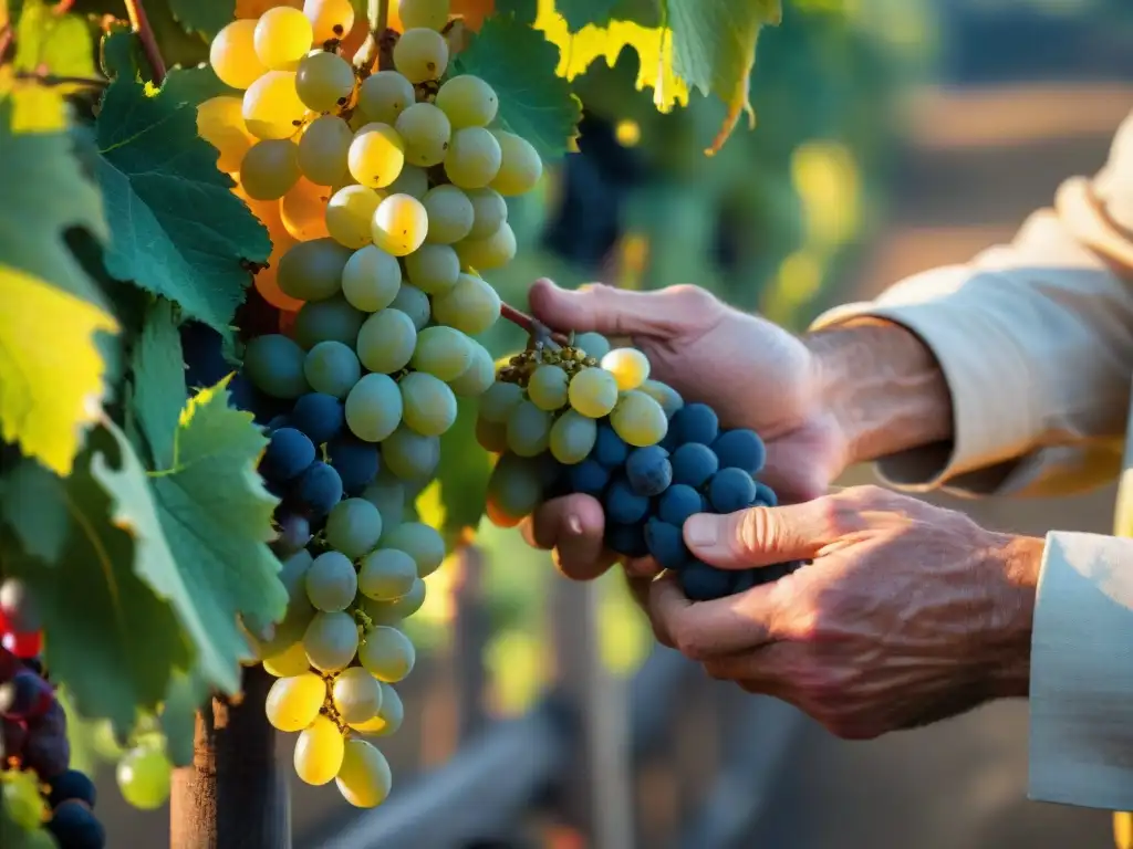 Experimenta la magia de la vendimia en Champagne Francia con un viticultor seleccionando uvas Chardonnay maduras bajo el cálido sol dorado