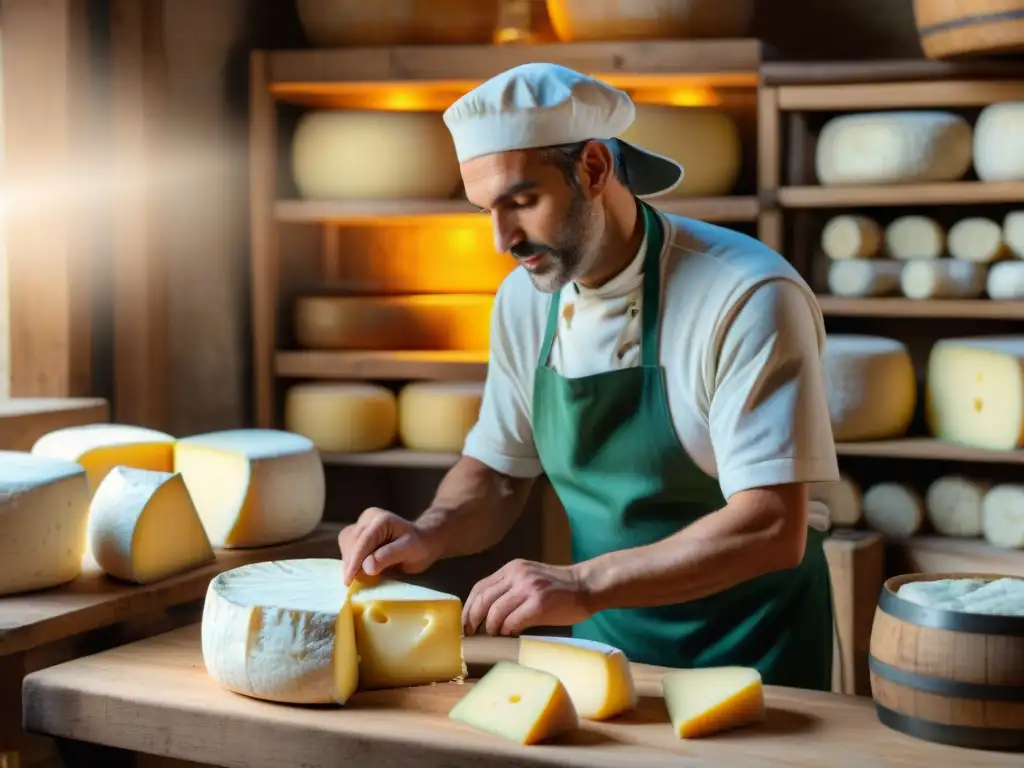 Mágica escena de un artesano francés elaborando queso Camembert en taller rural