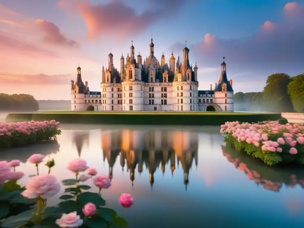 El mágico Château de Chambord al atardecer, rodeado de naturaleza exuberante, reflejado en el río, bajo un cielo rosa y dorado