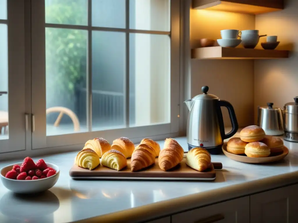 Un rincón mágico de la cocina con recetas tradicionales panadería francesa, croissants, bayas frescas y cafetera francesa