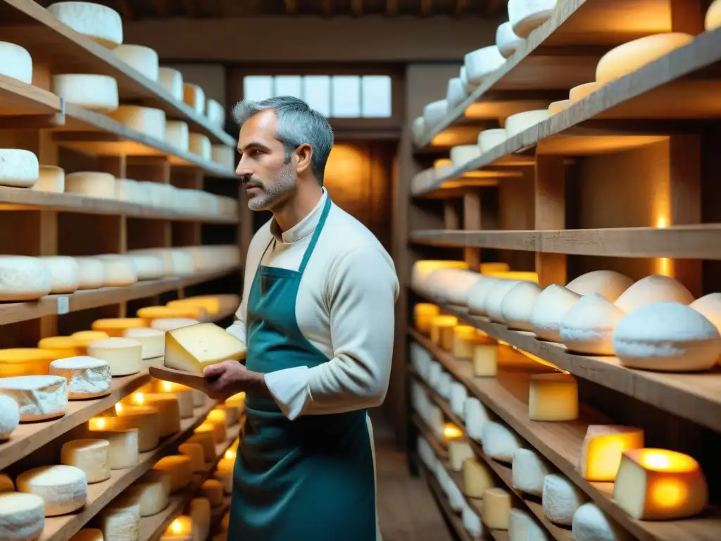 Un mágico rincón de quesos franceses icónicos en una bodega ancestral, donde la historia cobra vida