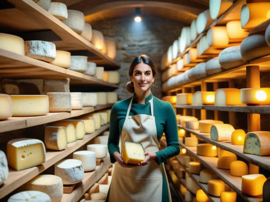 Un rincón mágico de quesos franceses sostenibles innovadores en una bodega tradicional