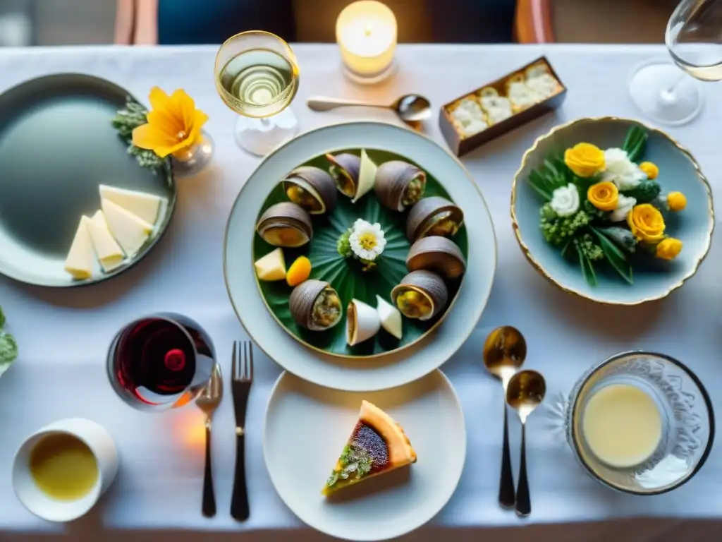 Magnífica mesa con maridajes gastronómicos cocina francesa: escargots, foie gras, quesos y vinos finos