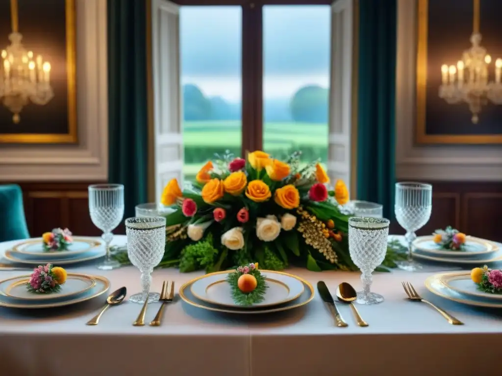 Majestuosa mesa de banquetes del Siglo XIX Francia con plata, cristal y flores, resaltando la opulencia gastronómica