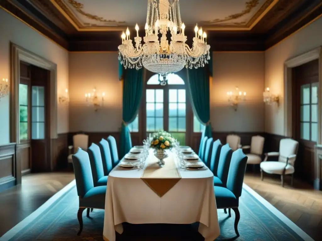 Majestuosa mesa de comedor en un castillo francés con decoración lujosa