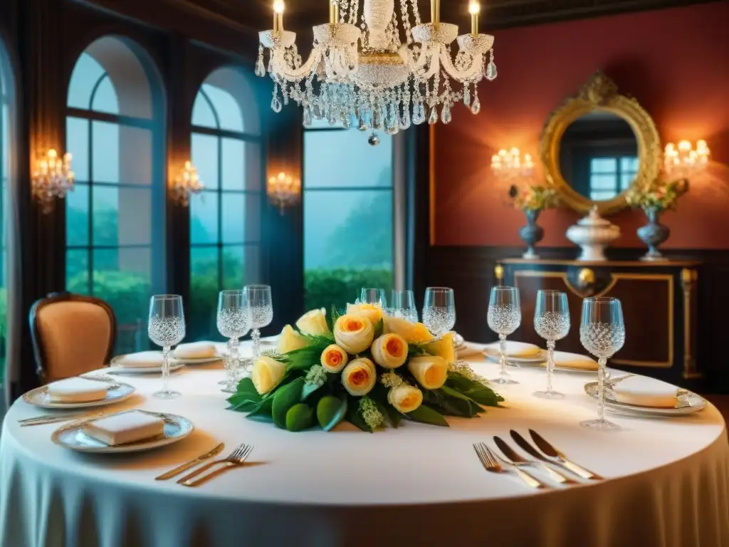 Exquisita mesa de comedor al estilo francés del siglo XIX Majestuosa mesa de comedor en estilo opulento de la gastronomía francesa siglo XIX, con vajilla fina y centros florales elegantes