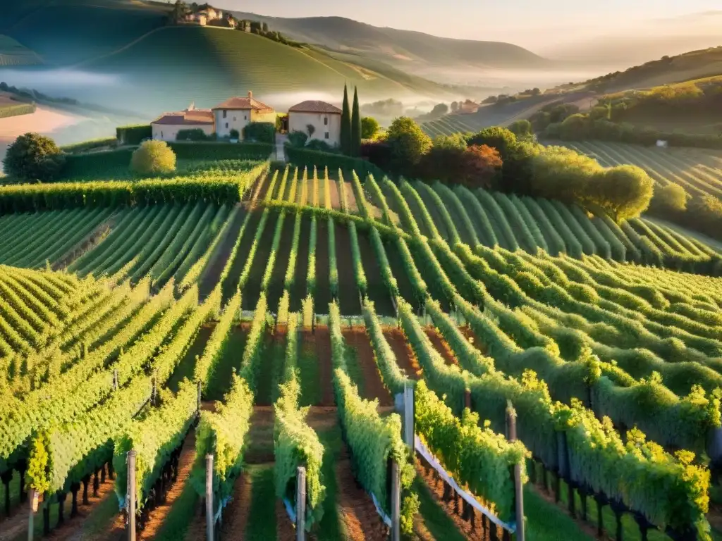 Majestuosa producción de vino en Francia: viñedos verdes bajo el cálido atardecer