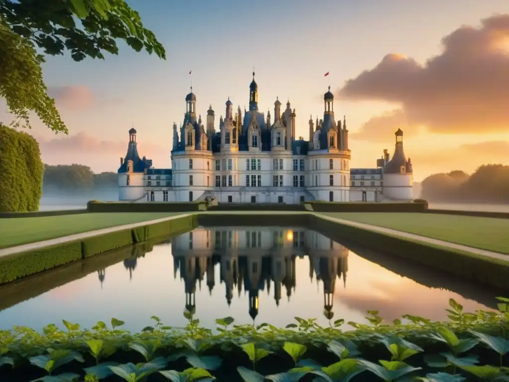 La majestuosidad del Château de Chambord al amanecer, reflejando su arquitectura renacentista francesa en las aguas tranquilas del foso