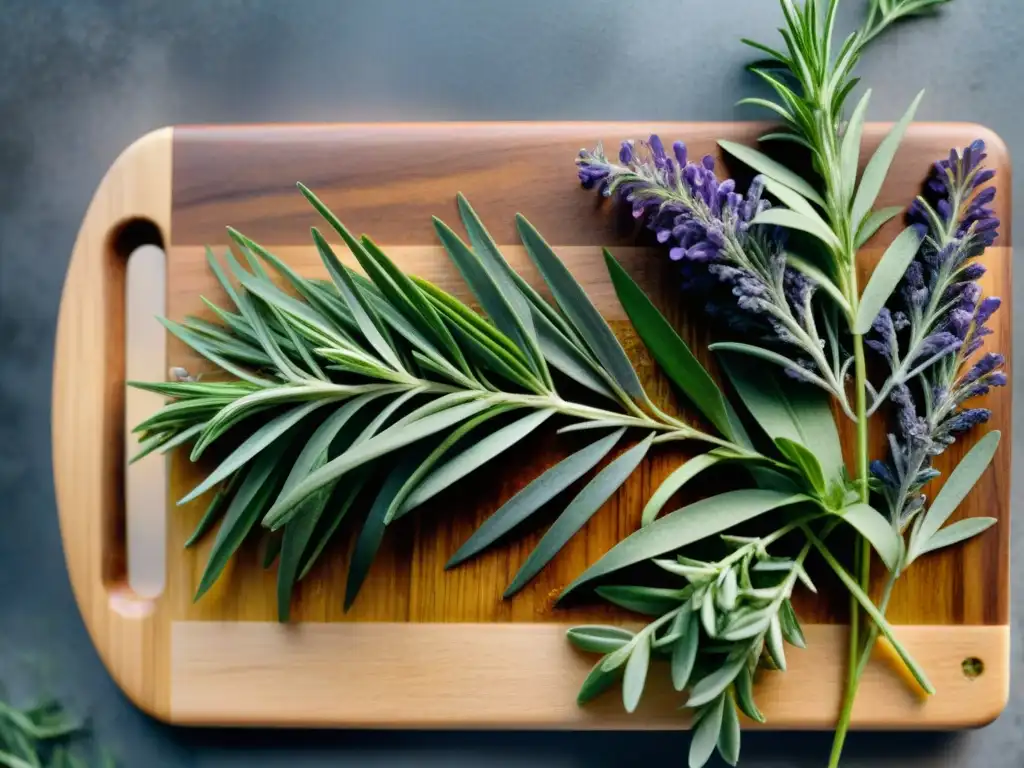 Tabla de cortar rústica con hierbas provenzales frescas Un majestuoso arreglo de hierbas provenzales frescas en tabla de madera rústica, listas para usos en la cocina