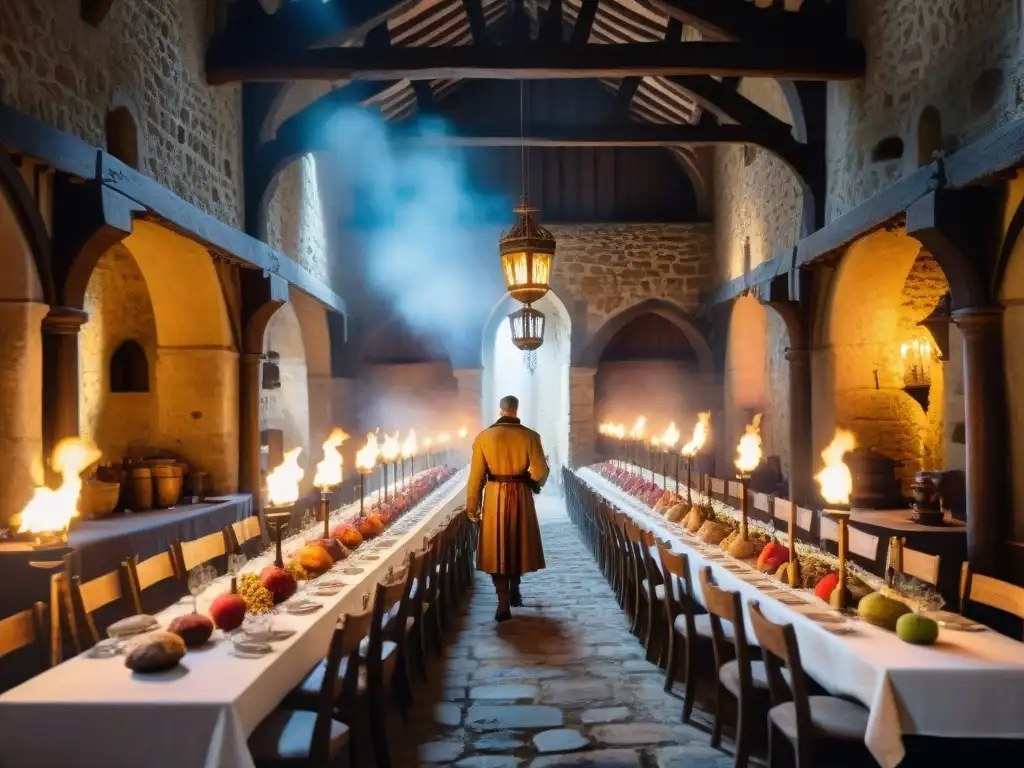 Un majestuoso banquete medieval en Francia con banquetes, nobles y ambiente