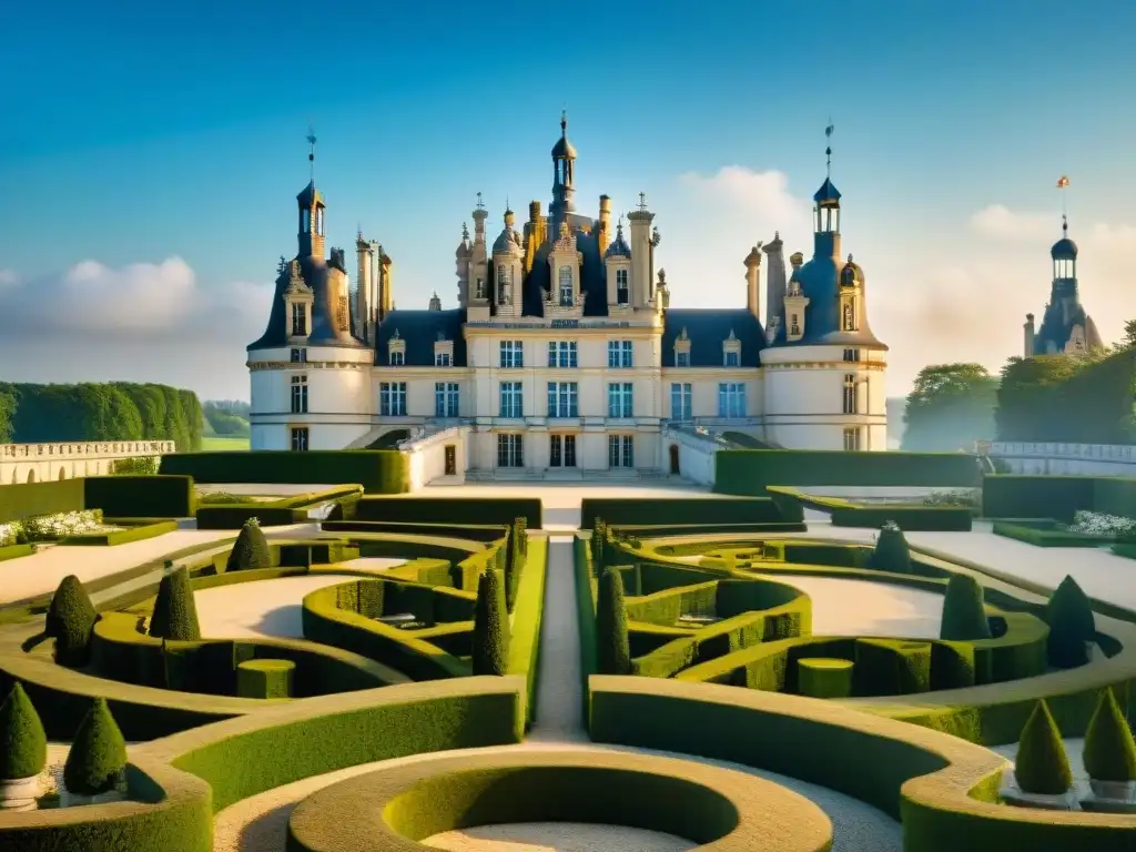 El majestuoso Château de Chambord en Loira, con su arquitectura renacentista, jardines y visitantes, bañado por la luz del sol