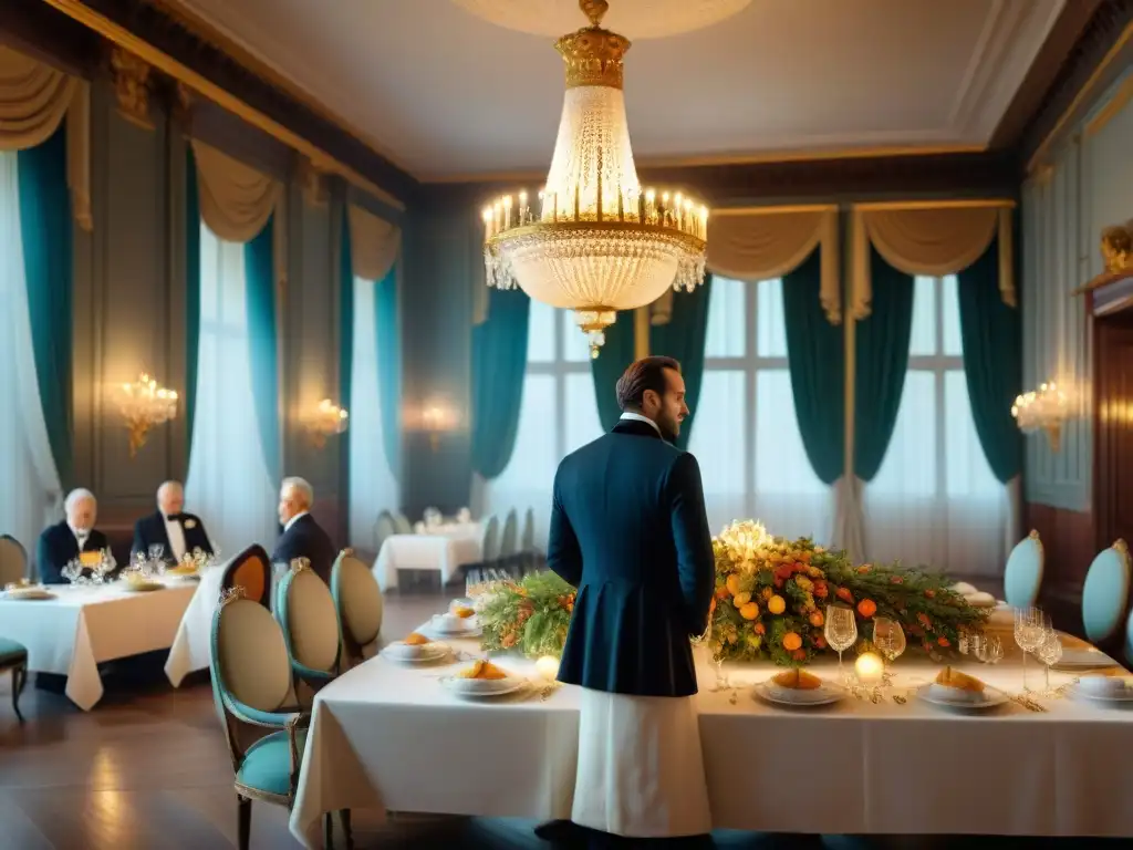 Majestuoso salón de banquetes del siglo XIX en Francia con platos imperiales de la gastronomía francesa