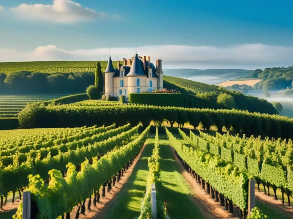 Un majestuoso viñedo en la campiña francesa con un château tradicional y viñedos verdes bajo el cielo azul