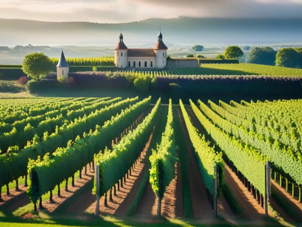 Majestuoso viñedo en Burdeos, Francia, con un château histórico al fondo