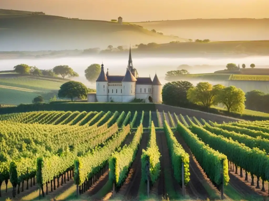 Majestuosos viñedos de Burdeos al atardecer, con château iluminado