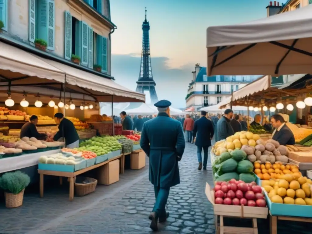 Mercado francés al amanecer: colores y sabores en París Mañana temprano en un bullicioso mercado francés, vendedores preparan sus coloridos puestos de frutas, verduras, quesos y pan fresco