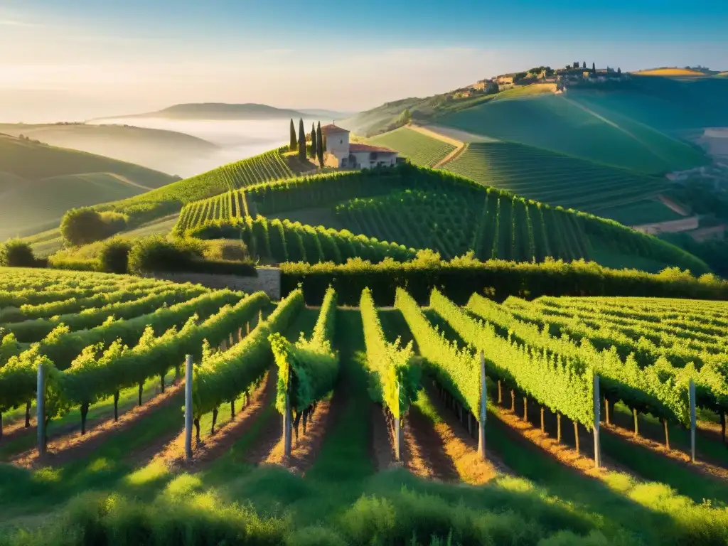 Viñedos al amanecer en Borgoña: tradición y serenidad Mañana dorada en viñedos de Borgoña, con la luz del sol iluminando las uvas