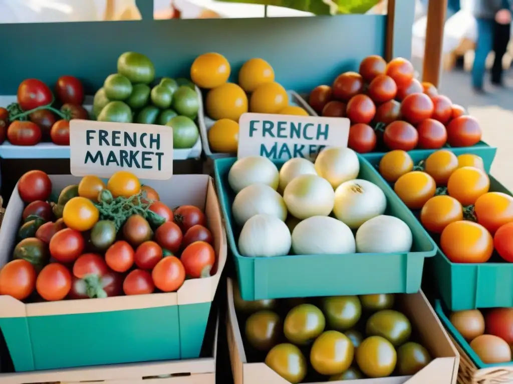 Una mañana soleada en un bullicioso mercado de agricultores francés, con productos frescos y coloridos