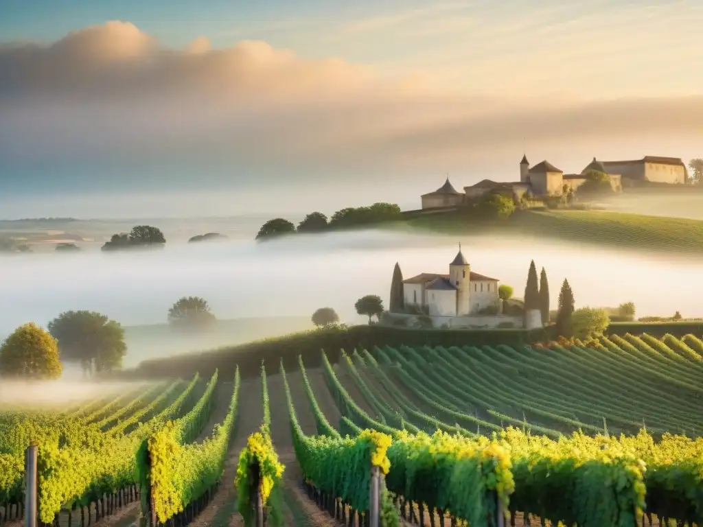 Mañana en los viñedos de Burdeos, Francia, con niebla matutina abrazando las vides verdes