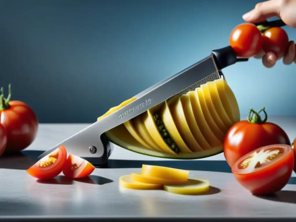 Una mandolina francesa corta perfectamente una jugosa tomate, mostrando su precisión y eficiencia en la cocina gourmet
