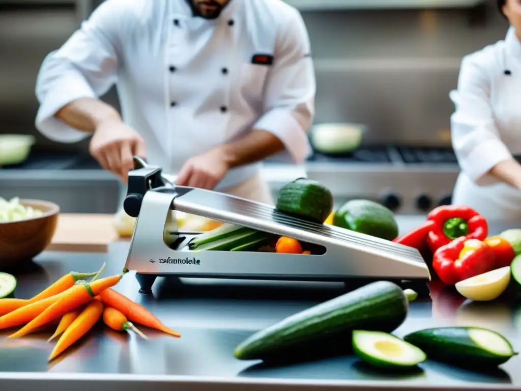 Una mandolina francesa cortando perfectamente vegetales en una cocina profesional
