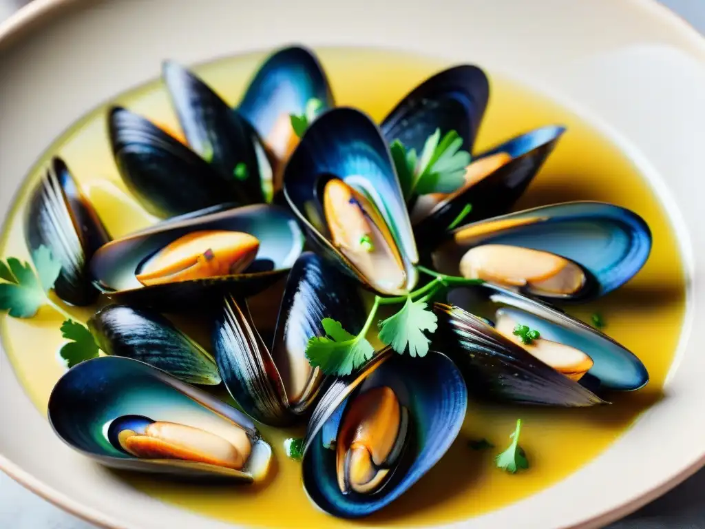 Un manjar visual: potente receta tradicional Moules à la Crème Normande con mejillones frescos y cremosa salsa