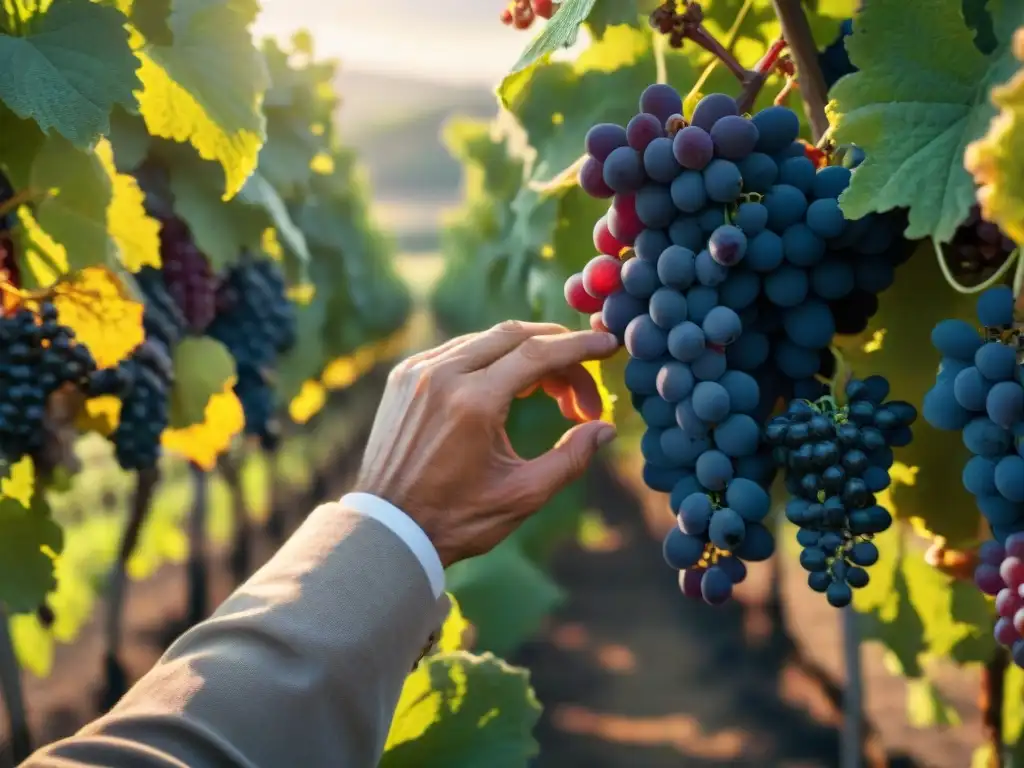 Mano anciana cosechando uvas Pinot Noir en viñedo francés al atardecer