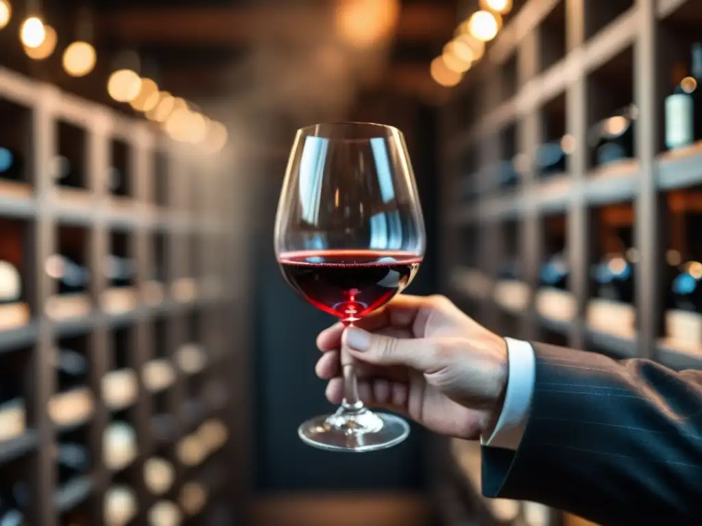 Mano de sommelier sostiene copa de vino tinto en bodega iluminada, escenario del Concurso Sommeliers Vinos Franceses Gastronomía