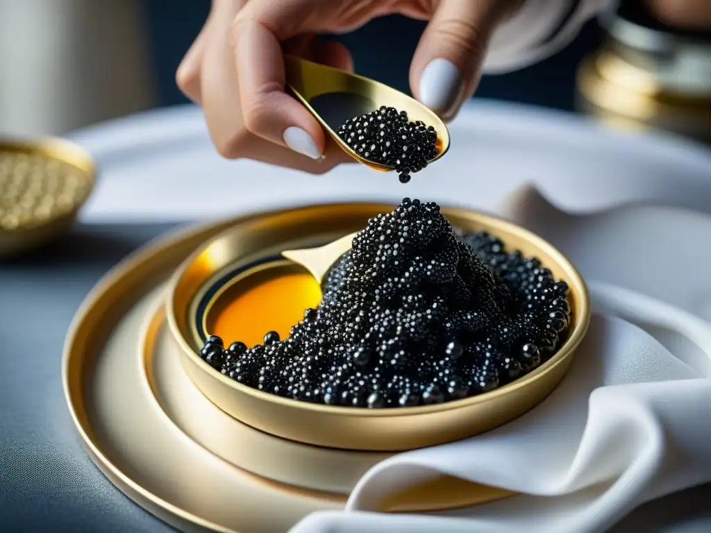 Mano sirviendo cucharada de caviar francés de lujosa lata, sobre mantel blanco