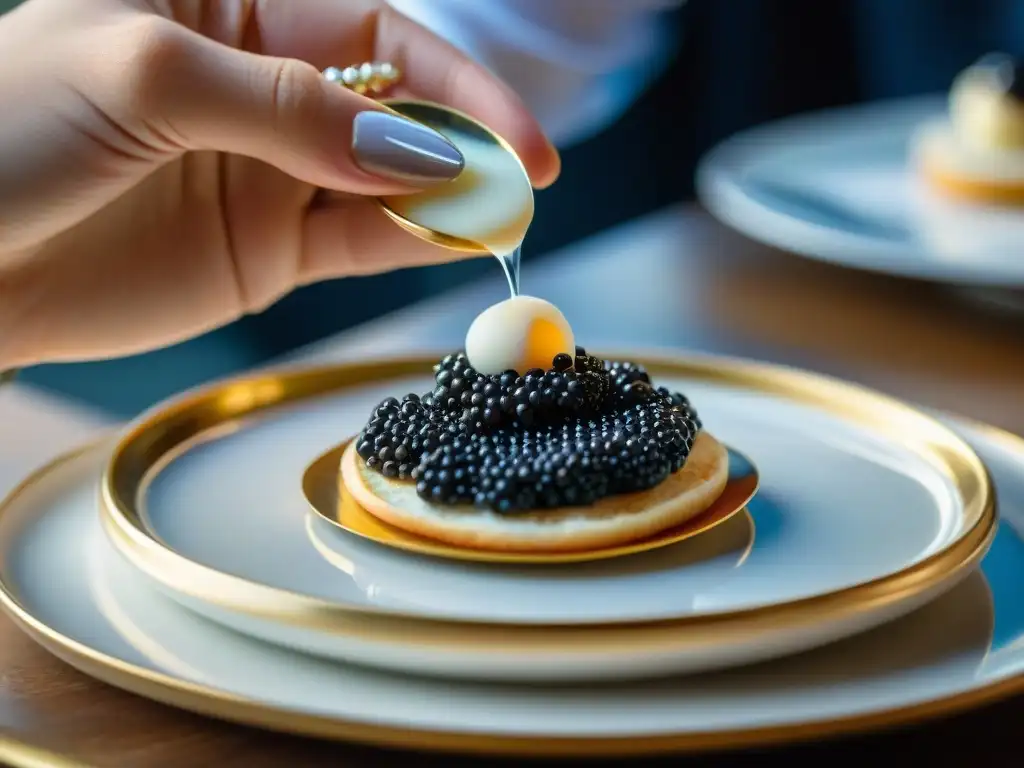 Mano coloca cucharada de caviar francés sobre blini con crème fraîche y cebollino en mesa elegante