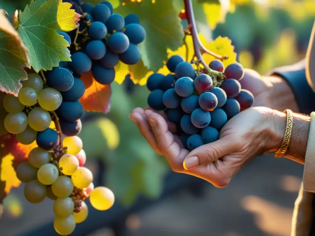 Mano curtida de viticultor francés sostiene uva fresca, destaca textura y colores, evocando vinos escondidos mercados Francia