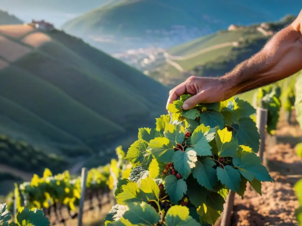 Mano curtida de viticultor corsa cuidando viñas al atardecer, en paisaje rugoso