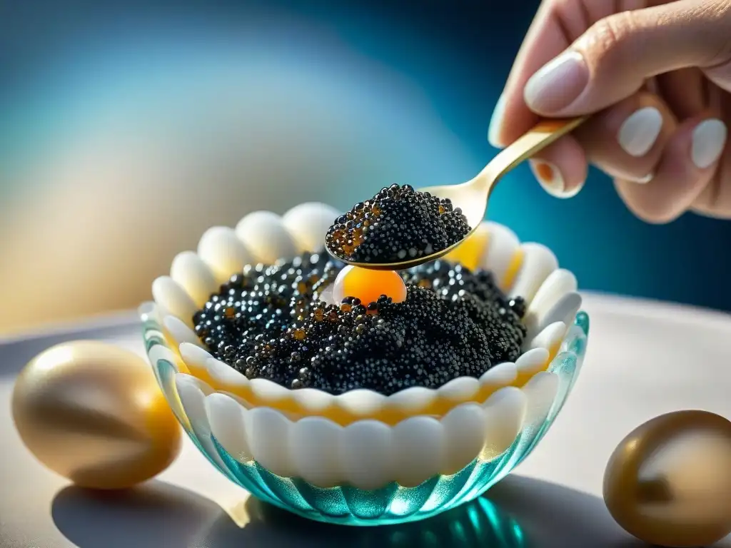 Una mano delicada saborea caviar francés de una cuchara en cuenco de nácar