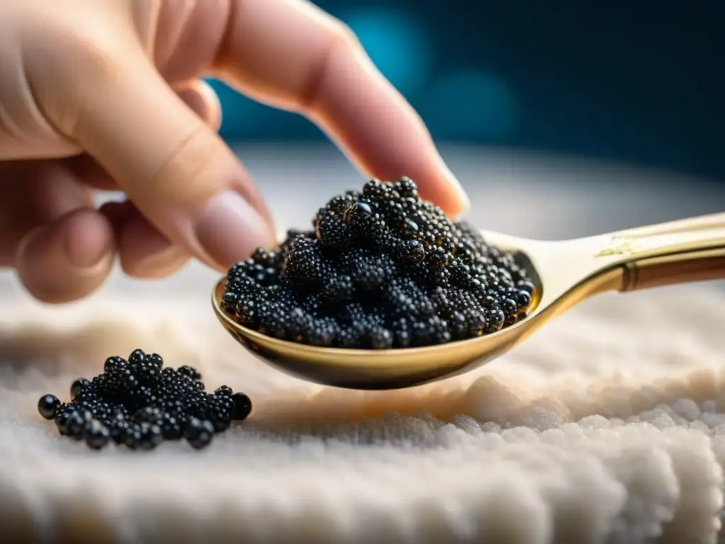 Mano delicada sirviendo caviar francés negro con cuchara de nácar, destacando su textura y brillo