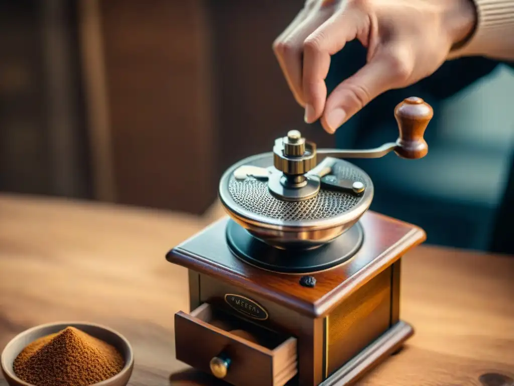 Una mano ajusta con gracia la configuración de molienda en un molinillo de café francés auténtico, resaltando la artesanía y tradición